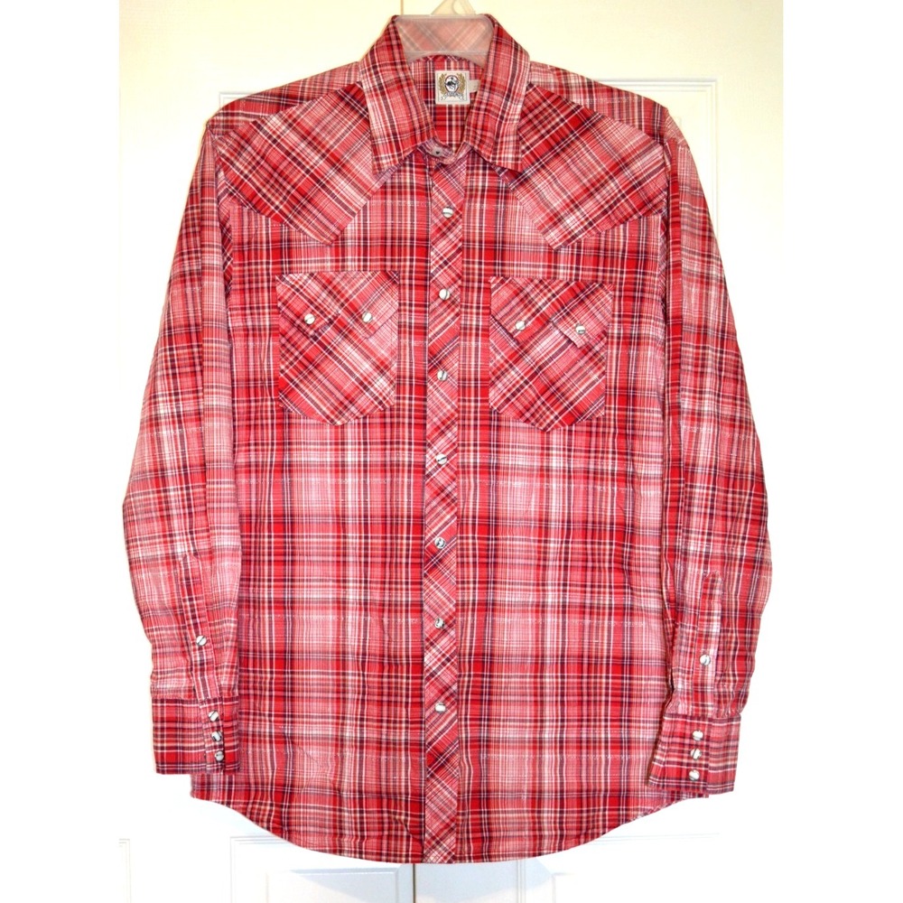 Cinch Western Shirt Men's Large Red & White Plaid Pearl Snap Long Sleeves